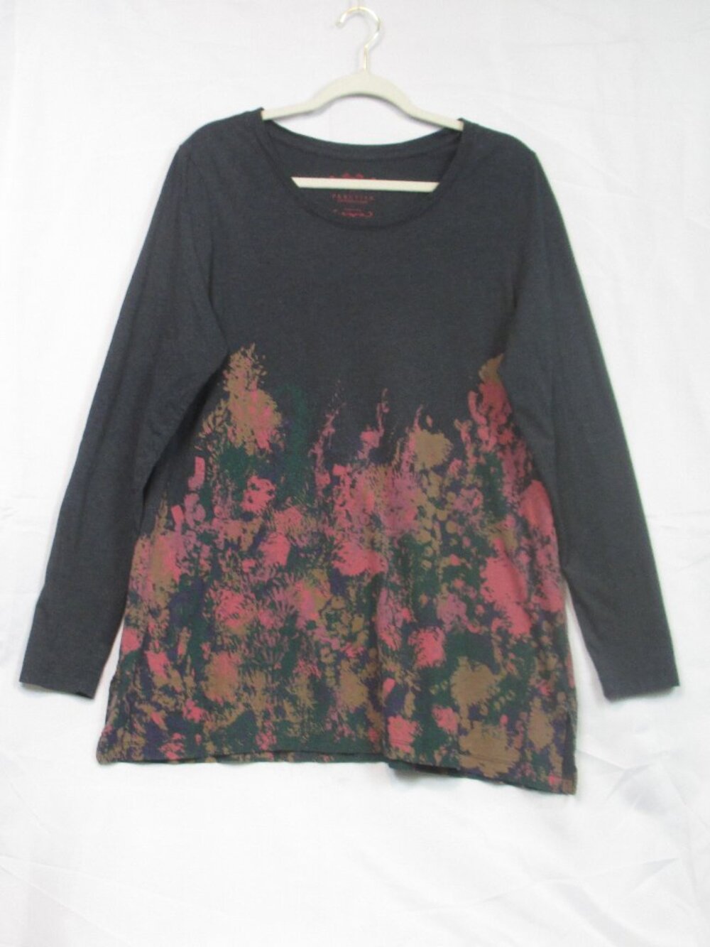 Peruvian Connection 100% Pima Cotton Floral Tunic Top Gray Pink Size Large L